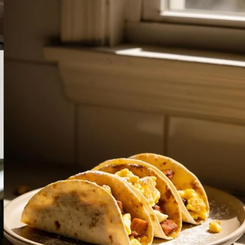 Baked breakfast tacos on a plate, garnished with fresh toppings.