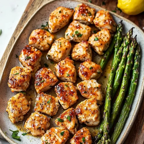Baked chicken bites served with asparagus on a plate