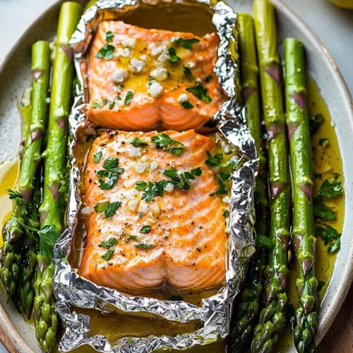 Baked salmon in foil packs served with asparagus on a wooden table