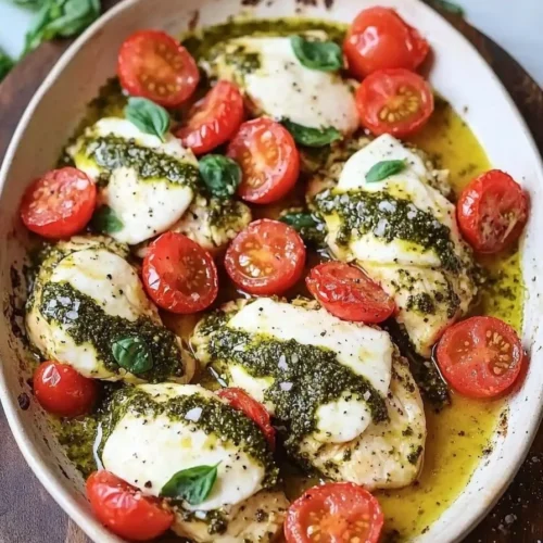 Basil pesto chicken bake with tomatoes and mozzarella cheese ready to serve.