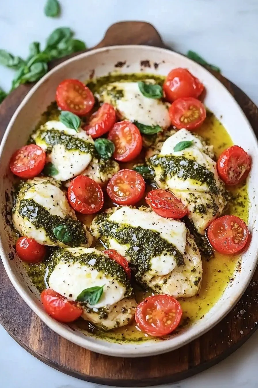 Basil Pesto Tomato Mozzarella Chicken Bake