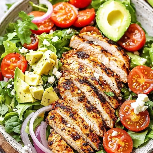 Delicious blackened chicken salad with greens and vegetables