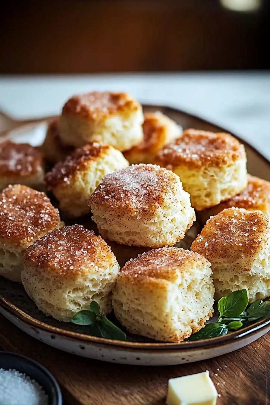 Freshly baked Cinnamon Sugar Biscuit Bites sprinkled with sugar.
