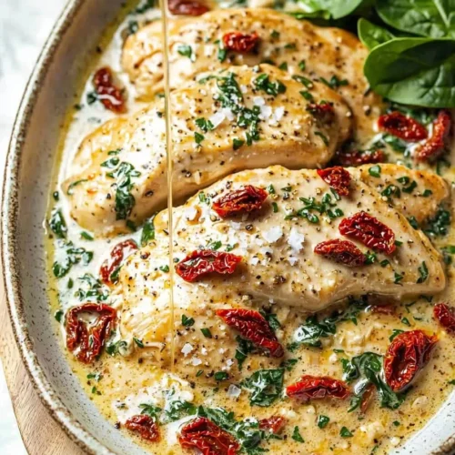 Delicious CrockPot Tuscan Garlic Chicken served with herbs and spices