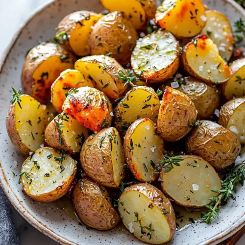 Garlic herb roasted potatoes served in a bowl, garnished with fresh herbs.