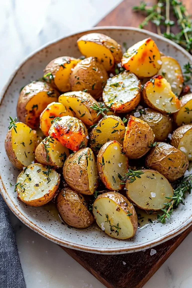 Garlic herb roasted potatoes served in a bowl, garnished with fresh herbs.