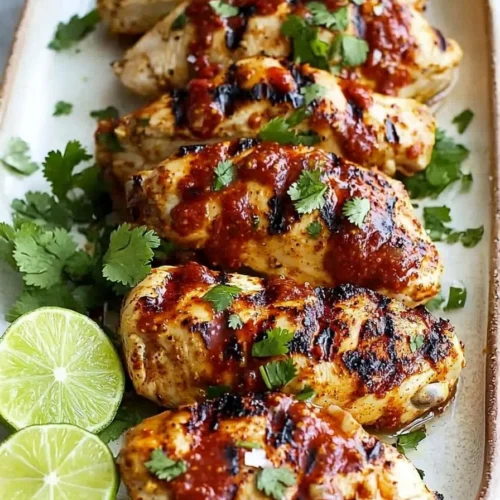 Grilled chicken breast drizzled with chili lime sauce on a serving plate