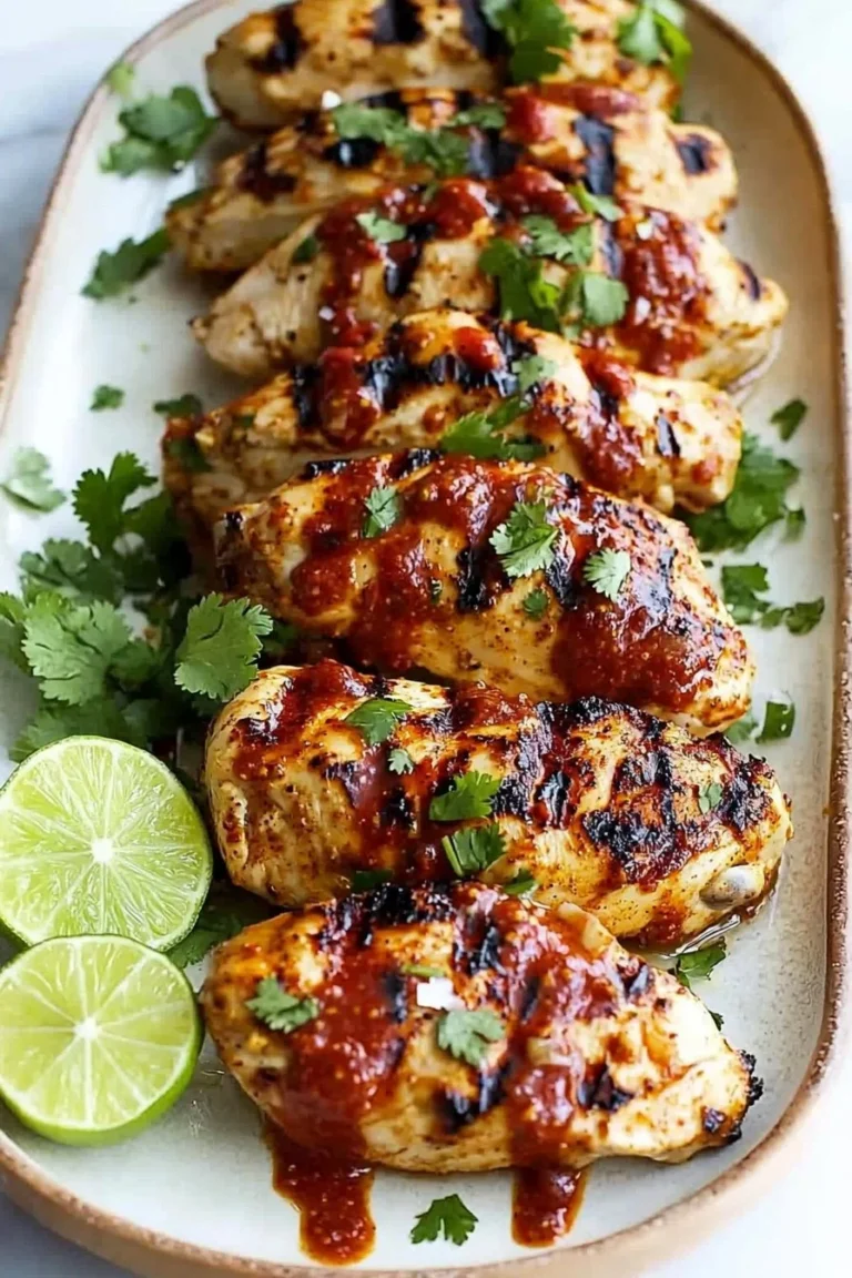 Grilled chicken breast drizzled with chili lime sauce on a serving plate