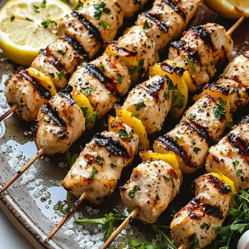 Delicious grilled lemon garlic chicken skewers on a plate.