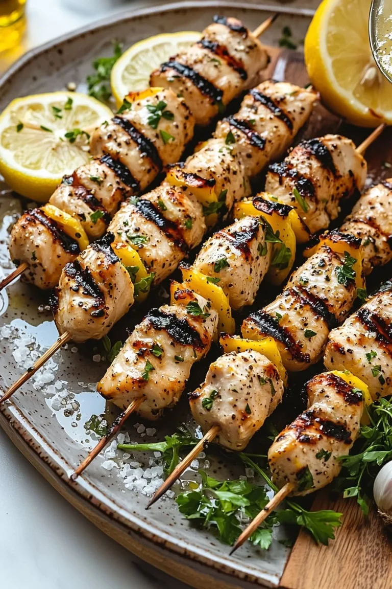 Delicious grilled lemon garlic chicken skewers on a plate.