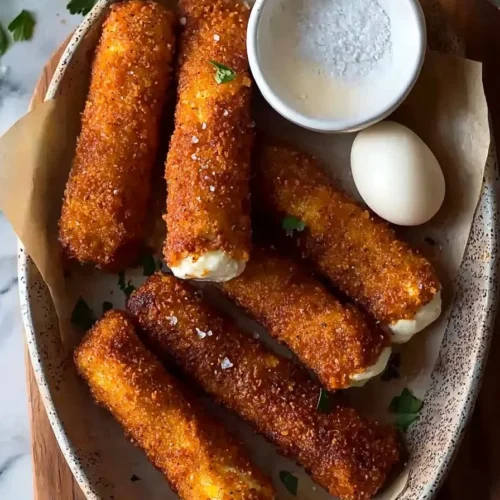 Plate of homemade Nashville Hot Mozzarella Sticks with spicy seasoning.