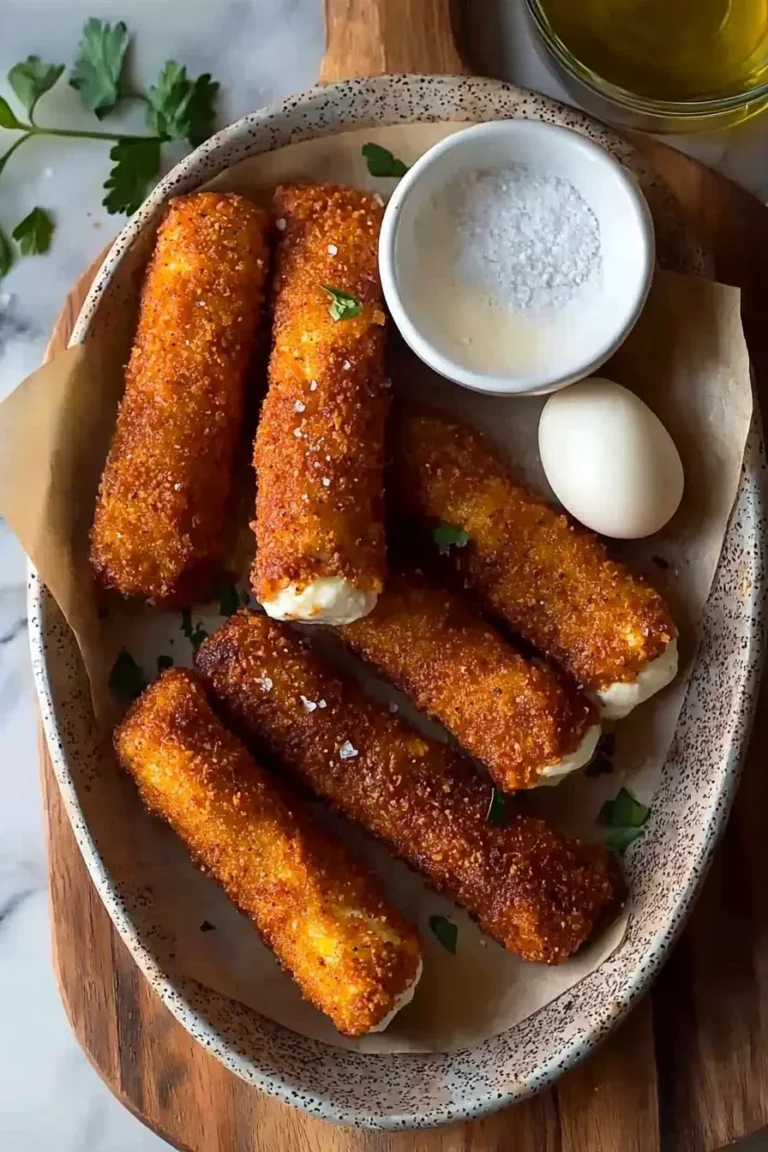 Plate of homemade Nashville Hot Mozzarella Sticks with spicy seasoning.