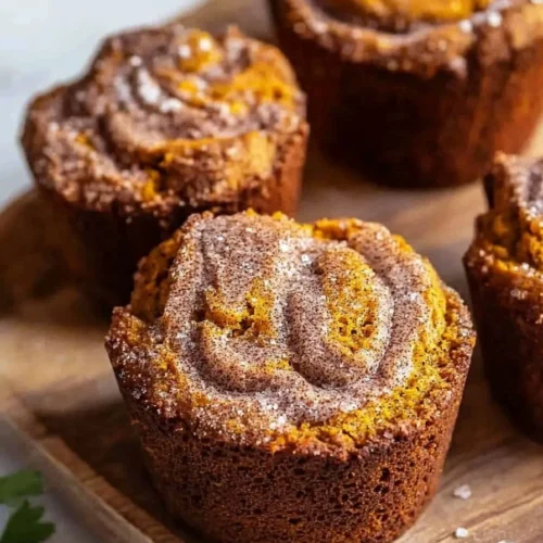 Mini pumpkin bread loaf with cinnamon swirl on a rustic wooden table