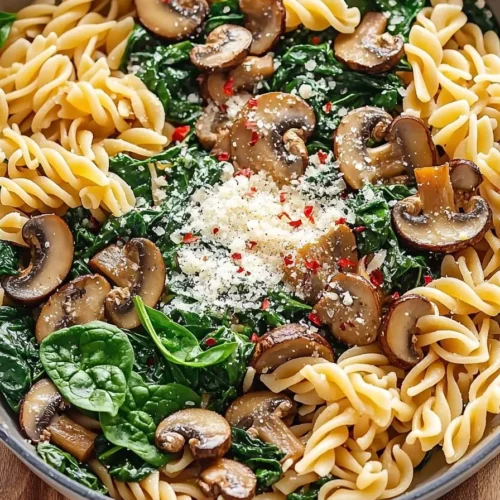 Parmesan Spinach Mushroom Pasta Skillet in a cast iron pan