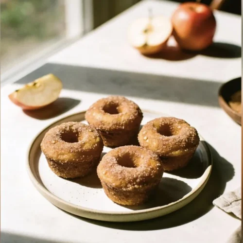 Freshly baked Apple Cider Donut Muffins on a wooden table