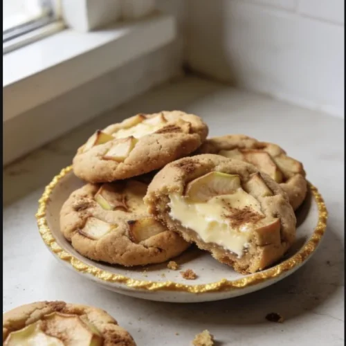 Delicious apple pie cheesecake cookies on a plate with a rustic background.