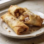 Crispy apple pie egg rolls filled with spiced apples and served with caramel sauce.