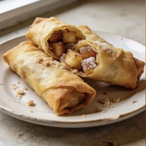 Crispy apple pie egg rolls filled with spiced apples and served with caramel sauce.