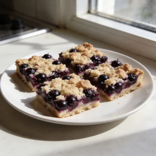 Homemade black currant crumble bars on a wooden table, ready to enjoy.