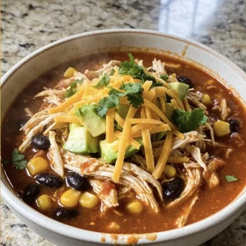 Bowl of creamy chicken enchilada soup garnished with cilantro and tortilla strips