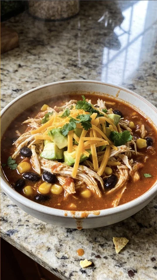Bowl of creamy chicken enchilada soup garnished with cilantro and tortilla strips