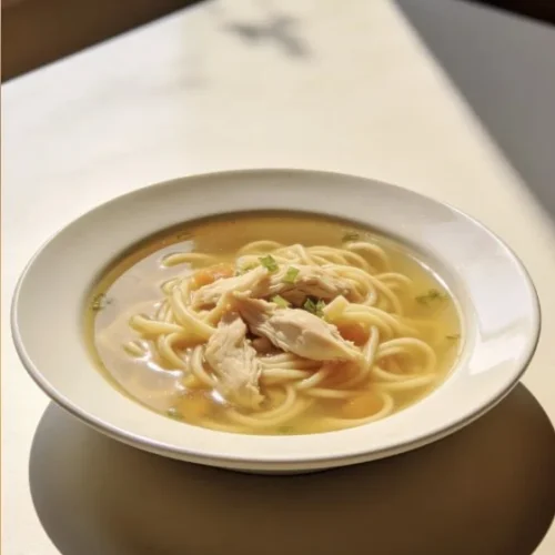 Bowl of classic chicken noodle soup with carrots and noodles