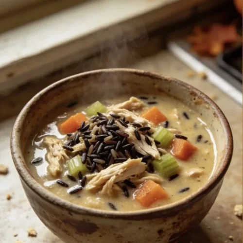Bowl of cozy autumn wild rice soup with fresh ingredients and vibrant colors