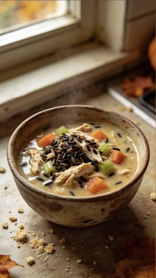 Bowl of cozy autumn wild rice soup with fresh ingredients and vibrant colors