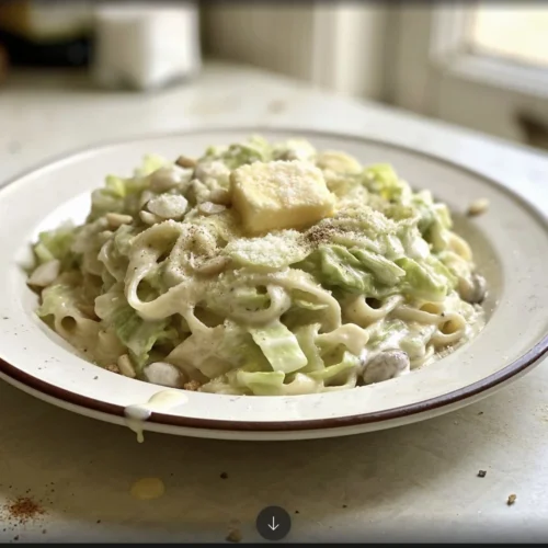 Creamy Cabbage Alfredo served in a bowl, a low-carb pasta alternative.