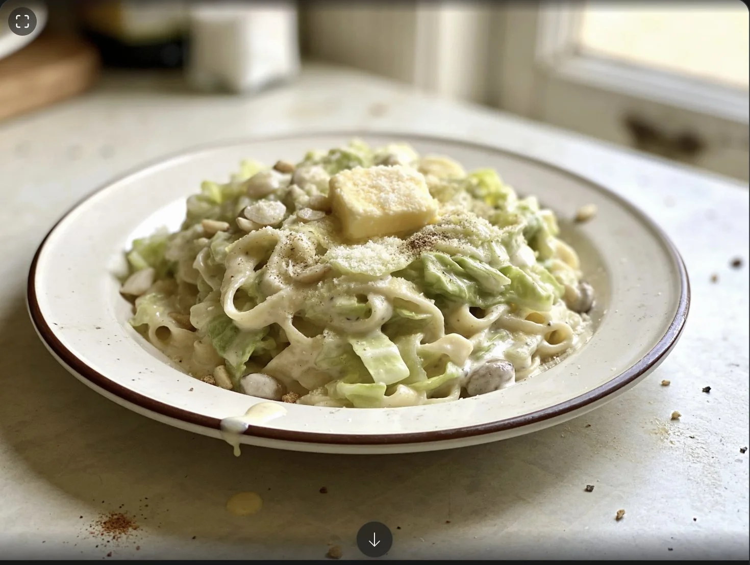 Creamy Cabbage Alfredo served in a bowl, a low-carb pasta alternative.