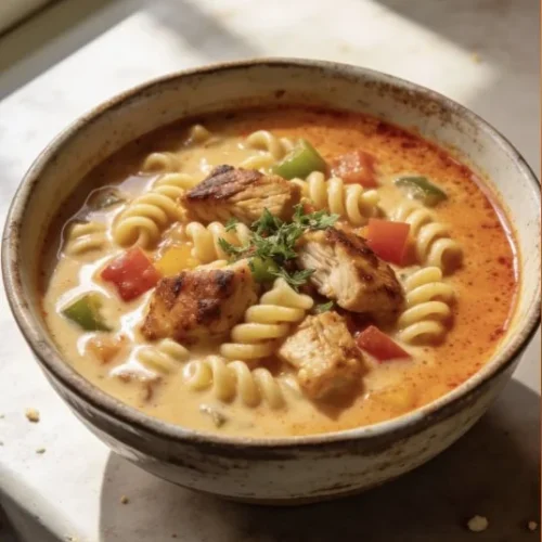 Creamy Cajun chicken pasta soup topped with fresh herbs and spices