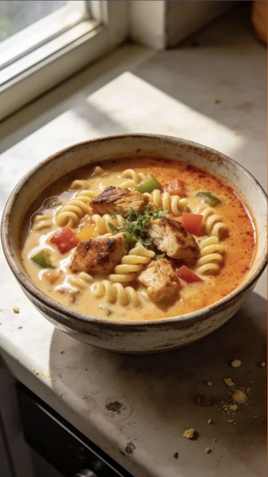 Creamy Cajun chicken pasta soup topped with fresh herbs and spices