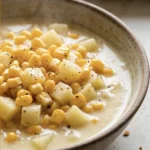 Bowl of creamy corn chowder topped with herbs and corn kernels
