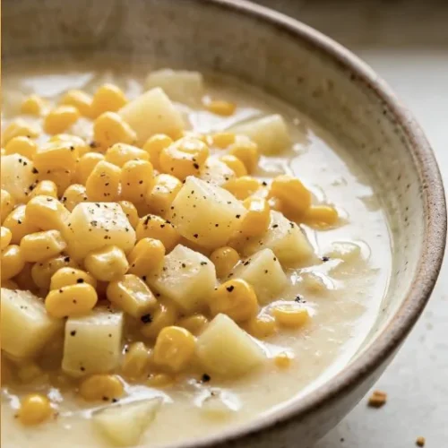 Bowl of creamy corn chowder topped with herbs and corn kernels
