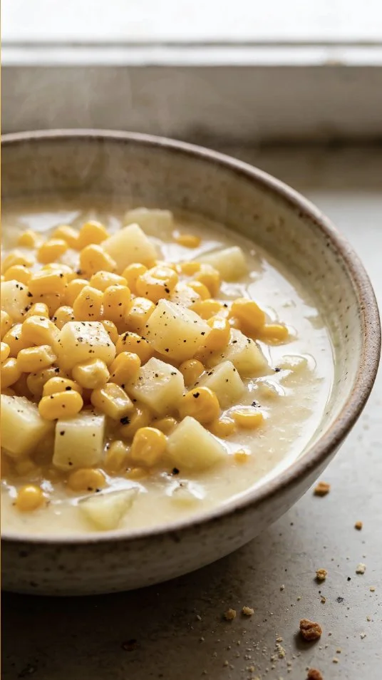 Bowl of creamy corn chowder topped with herbs and corn kernels