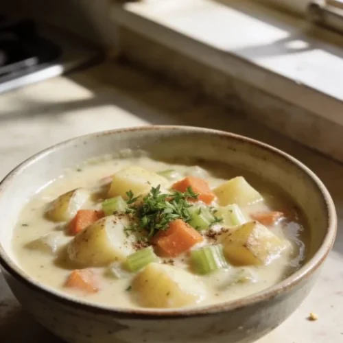 Bowl of easy Thai chicken soup with vibrant vegetables and herbs