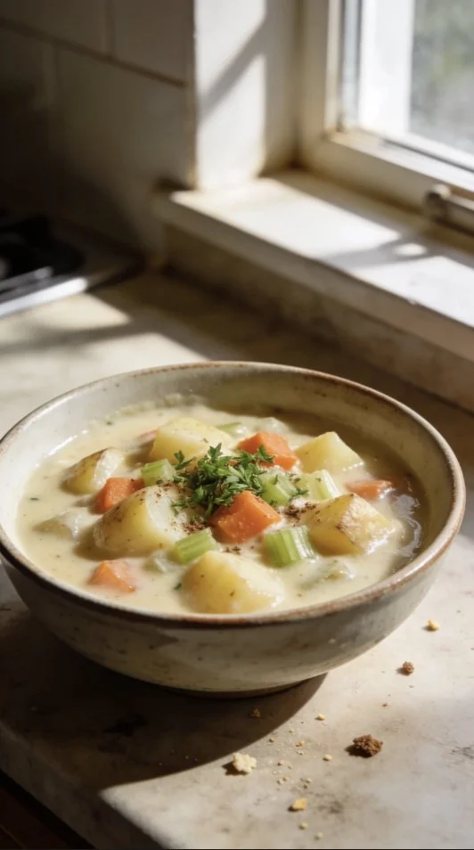 Bowl of easy Thai chicken soup with vibrant vegetables and herbs