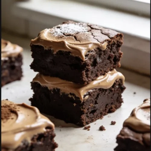 Delicious frosted coffee brownies topped with creamy frosting.