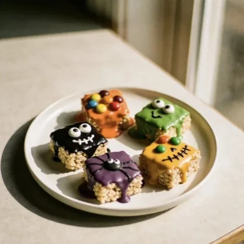 Colorful Halloween Rice Krispie Treats shaped like ghosts and pumpkins