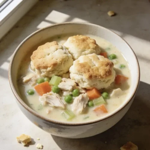 Healthy Chicken Pot Pie Soup in a bowl with fresh vegetables