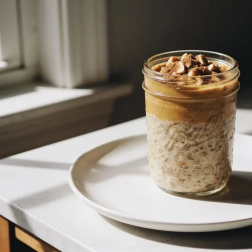 High-protein pumpkin spice overnight oats in a bowl topped with nuts and cinnamon.