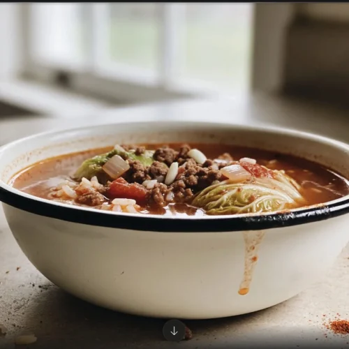 Bowl of Lazy Golumpki Soup with ingredients like cabbage, rice, and ground beef.