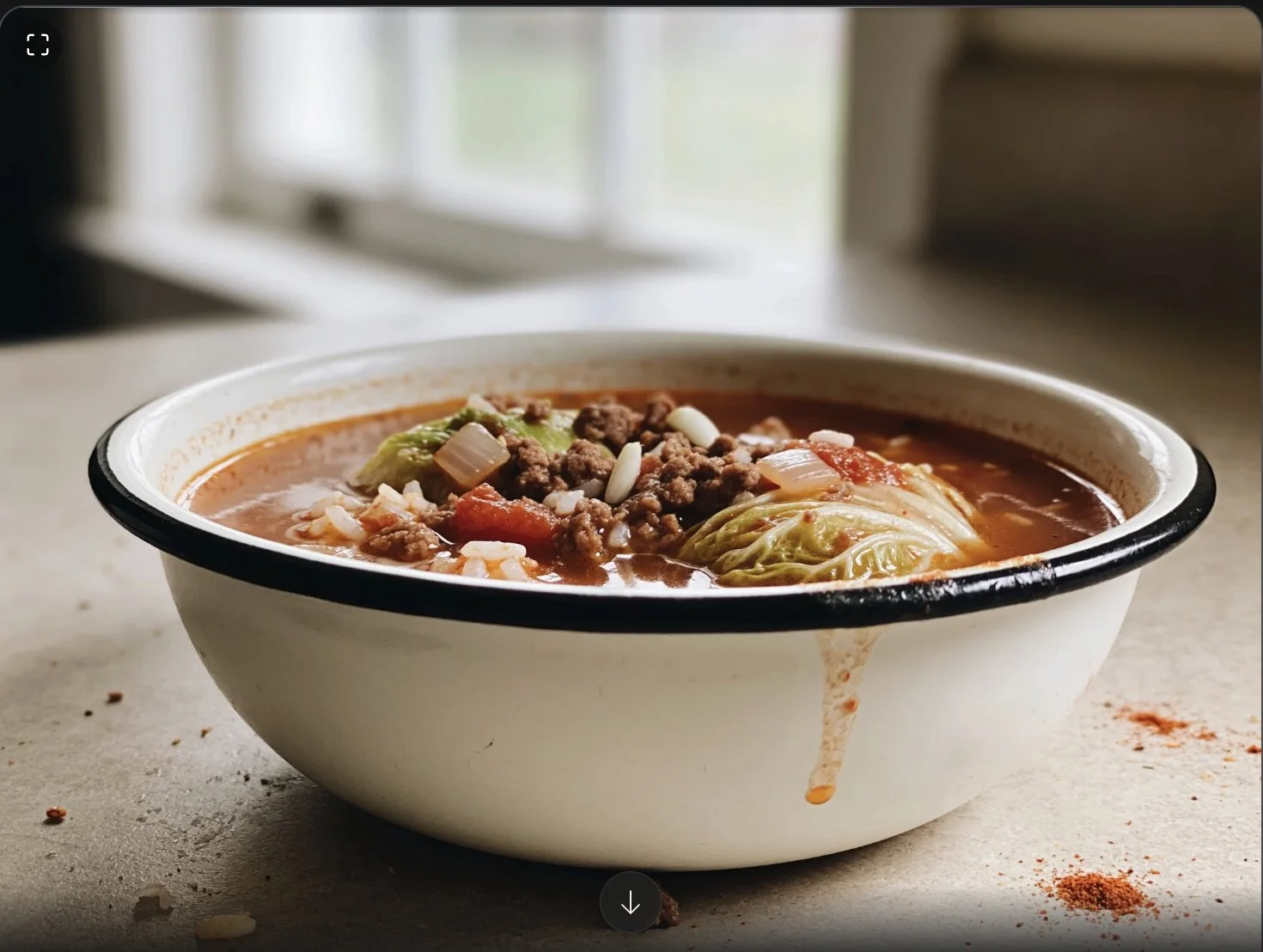 Bowl of Lazy Golumpki Soup with ingredients like cabbage, rice, and ground beef.