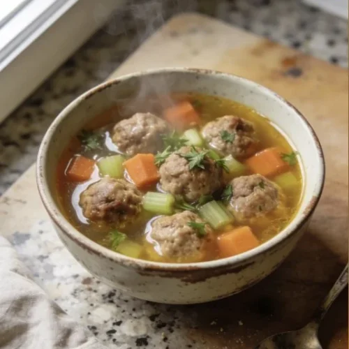 Delicious meatball soup in a bowl, garnished with herbs and vegetables