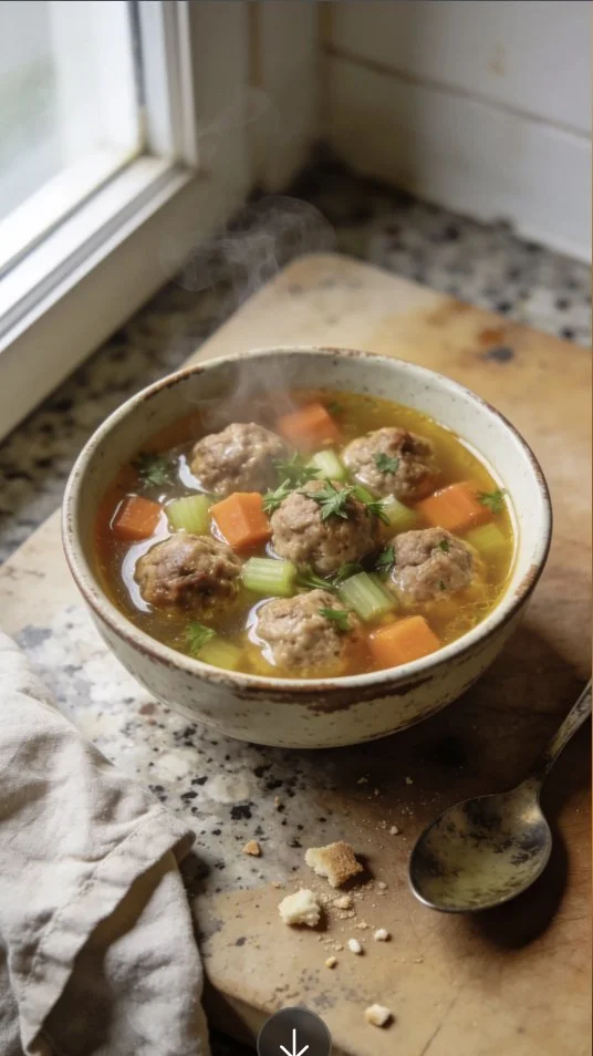 Delicious meatball soup in a bowl, garnished with herbs and vegetables