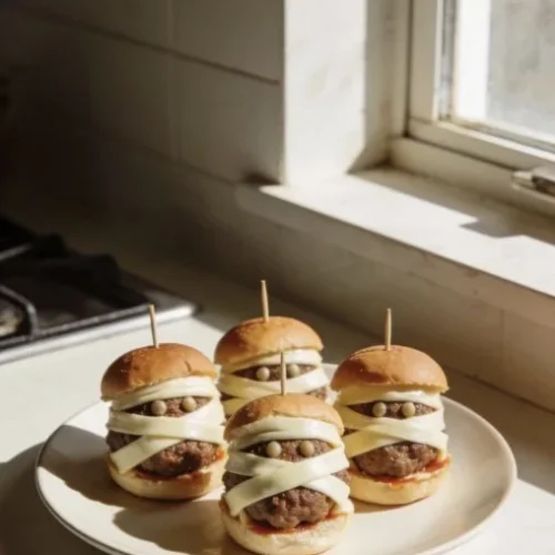 Mini Meatball Mummy Sliders made with cheesy meatballs and spooky toppings