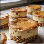 Mini pumpkin cheesecakes topped with whipped cream and cinnamon.