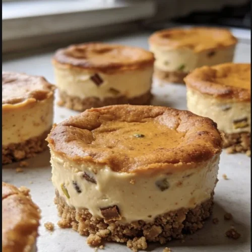 Mini pumpkin cheesecakes topped with whipped cream and cinnamon.