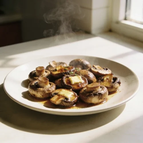 Plate of miso butter roasted mushrooms garnished with herbs and spices