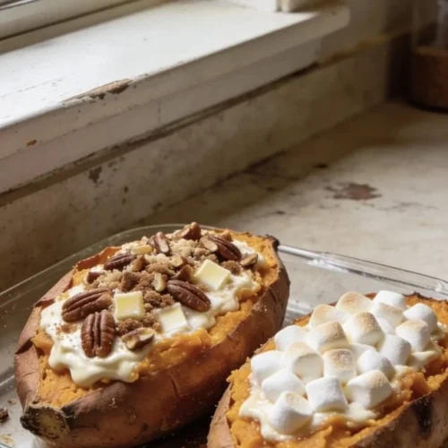 Twice-baked sweet potatoes topped with pecan pie filling